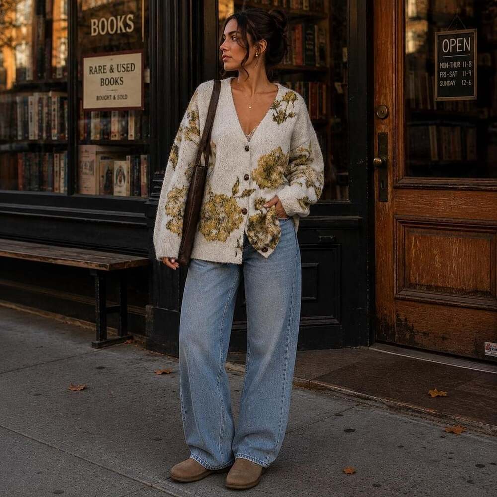 Woolrich x Target Cream Floral Relaxed Cardigan Sweater
